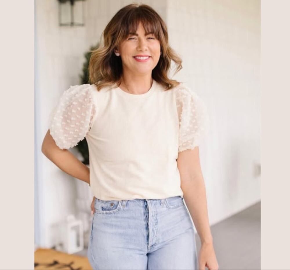 Maeve Puff Sleeve Ivory Woven Knit Blouse Women Small Career Minimalist Feminine